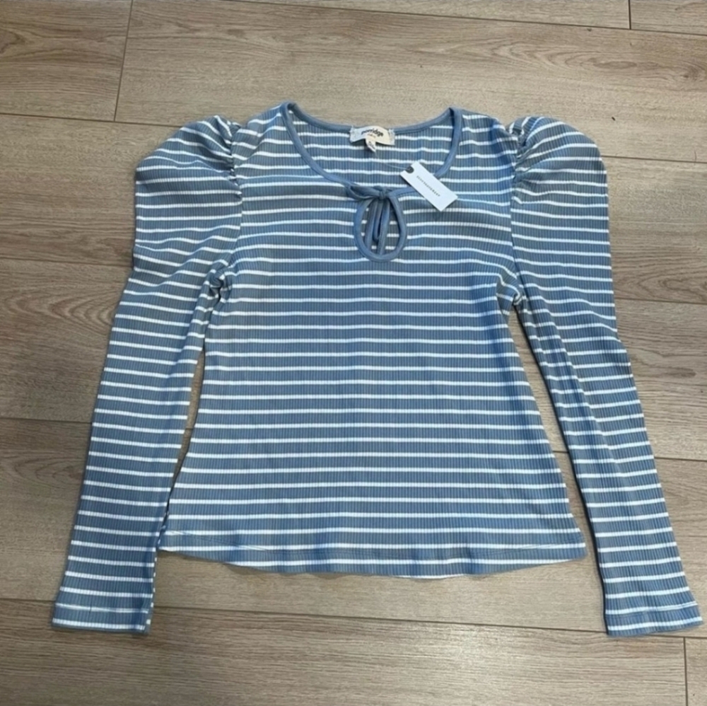 NWT Anthropologie Porridge Puff Sleeve Tie Front Top Blue White Stripe Size XL
